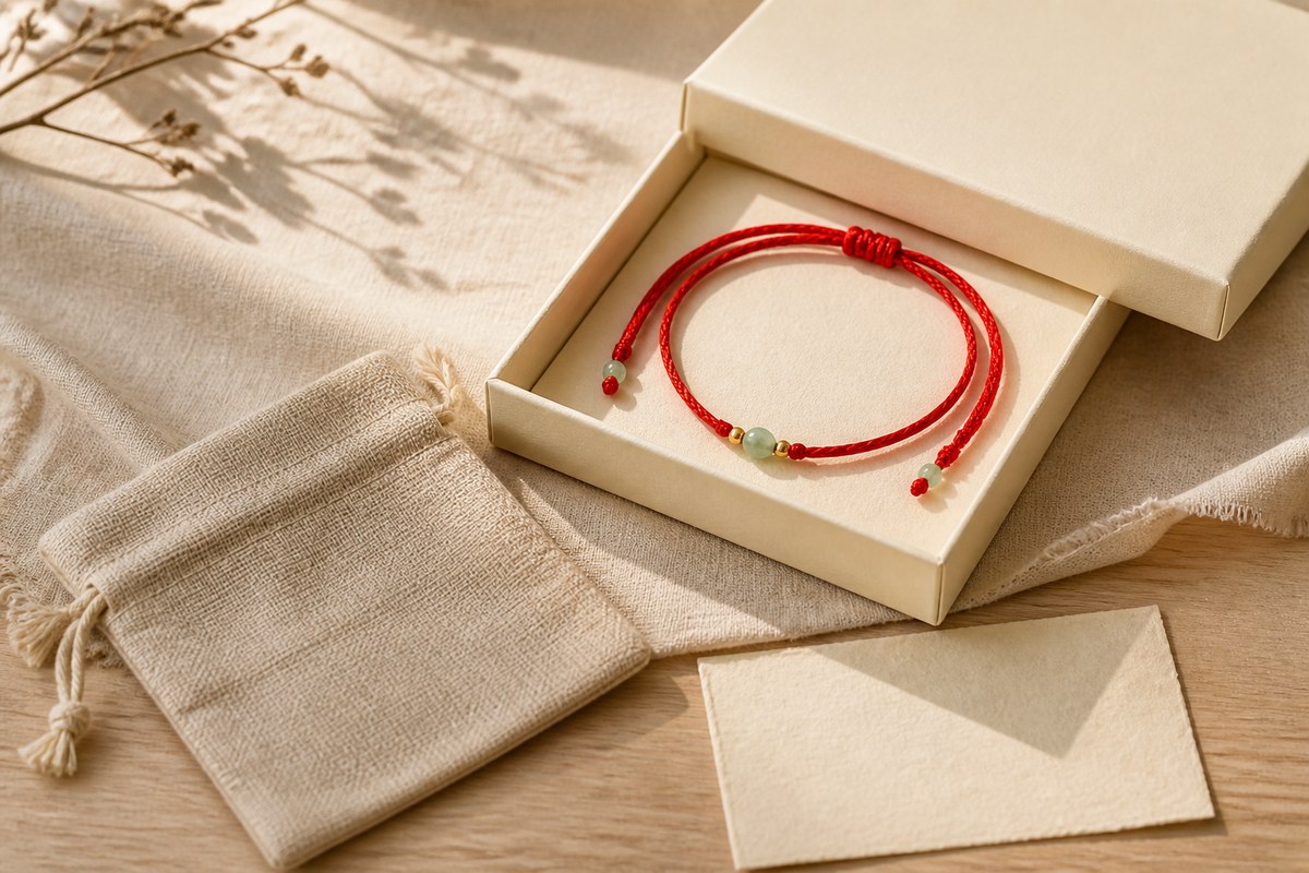 Red string waist chain with a small jade bead placed in a cream gift box on warm linen
