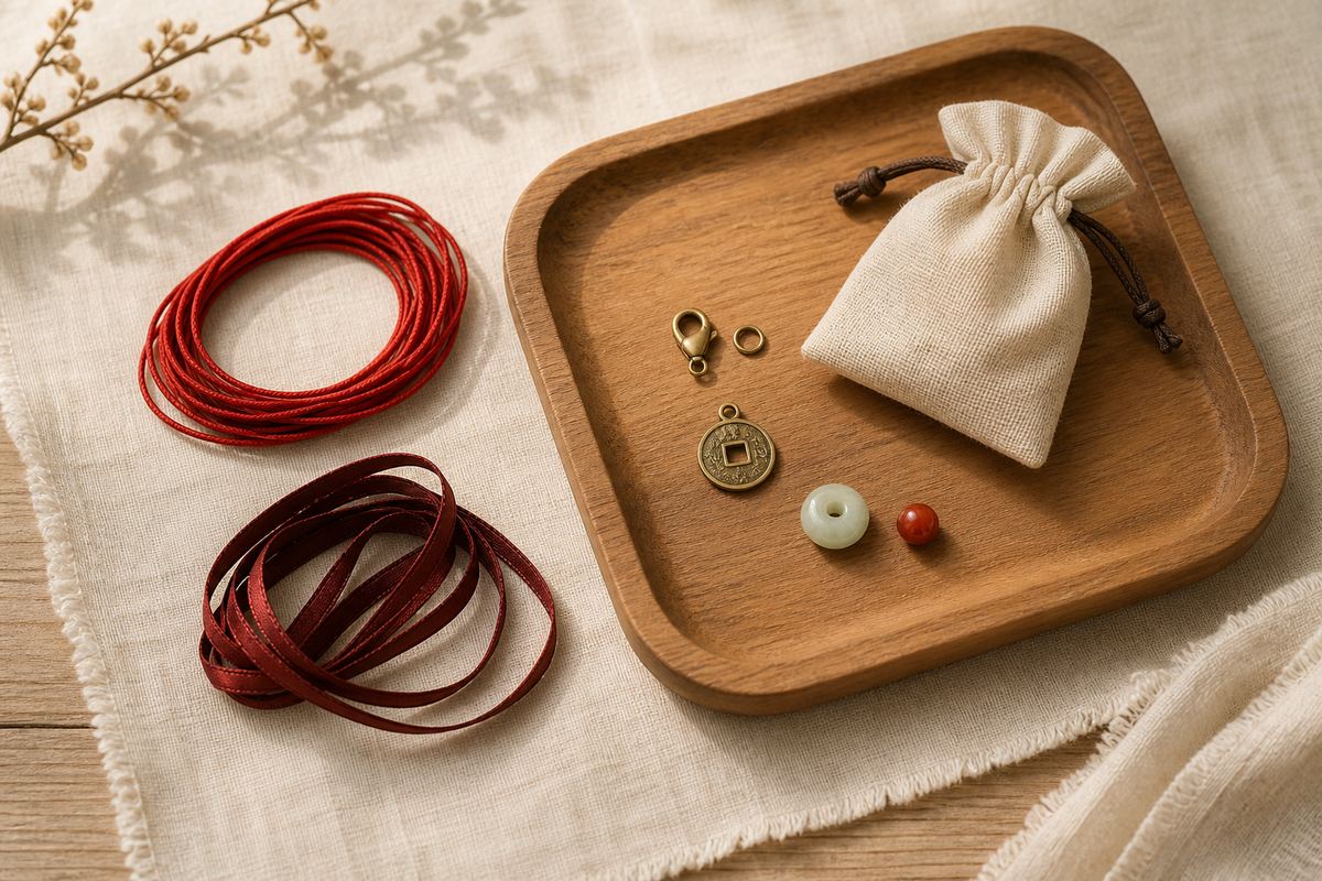 Cotton cord, silk ribbon, clasp, brass charm, jade bead, and cinnabar-colored bead for a red waist chain