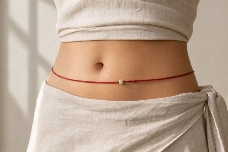 Red string waist chain with a small jade detail styled over cream fabric
