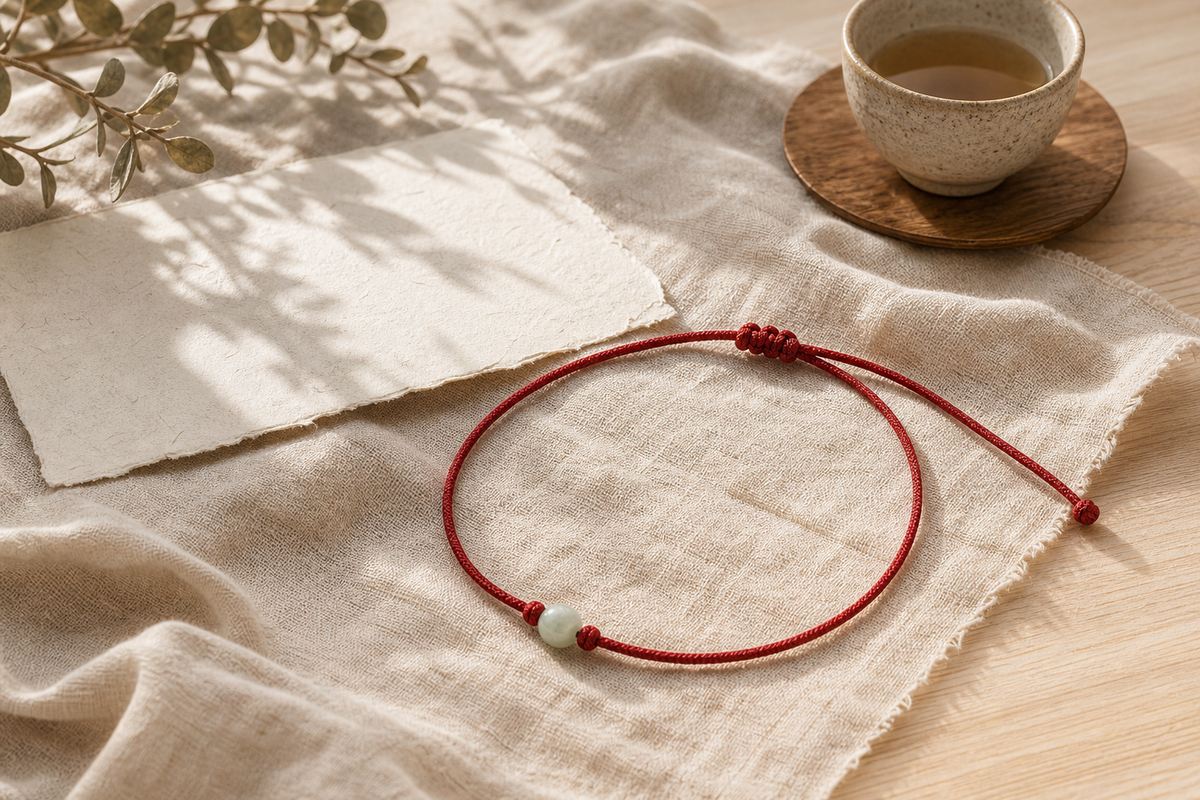 Red string waist chain with a small jade bead arranged on warm linen and handmade paper