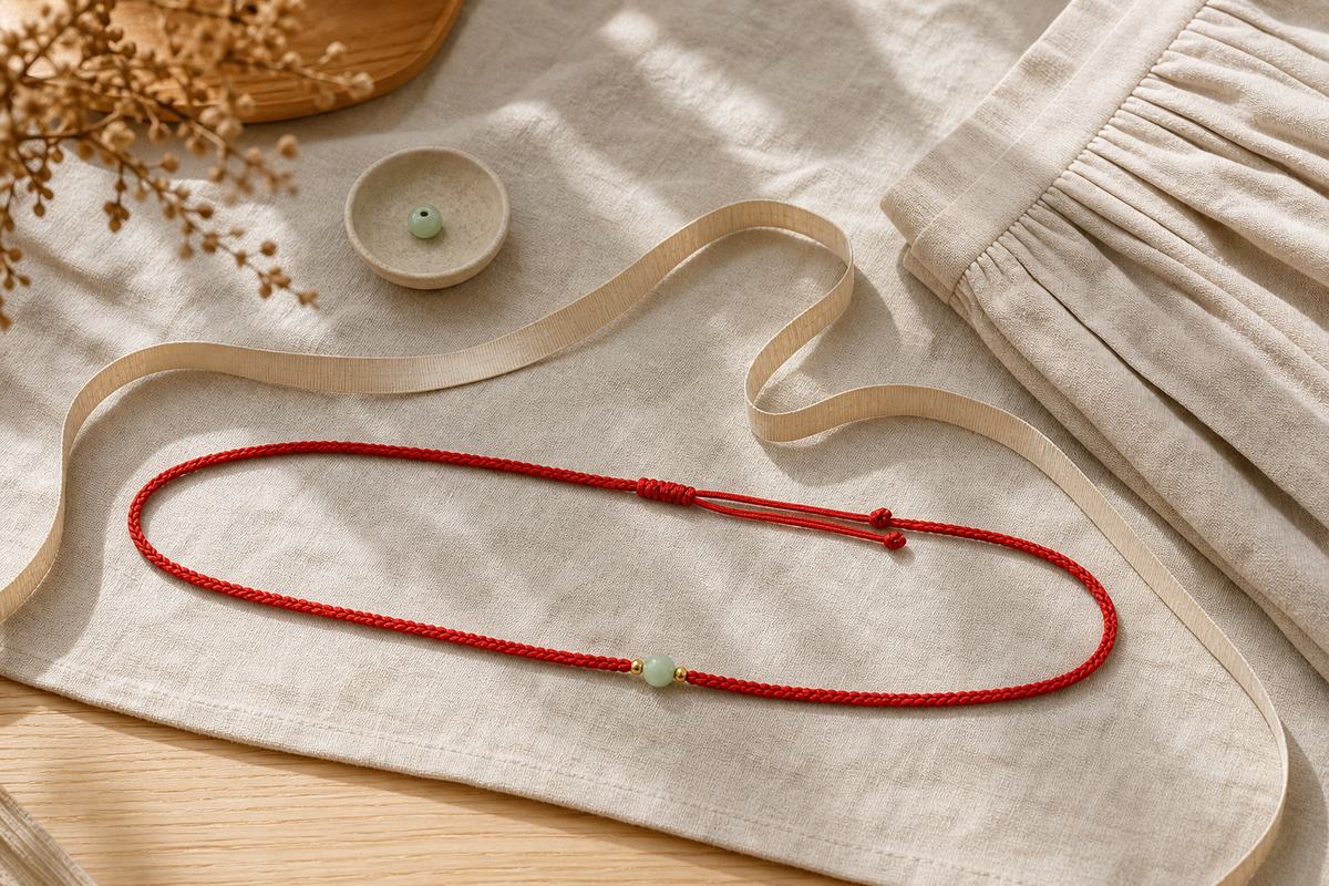Red string waist chain measured beside a cream cord and folded linen skirt on a pale wood table