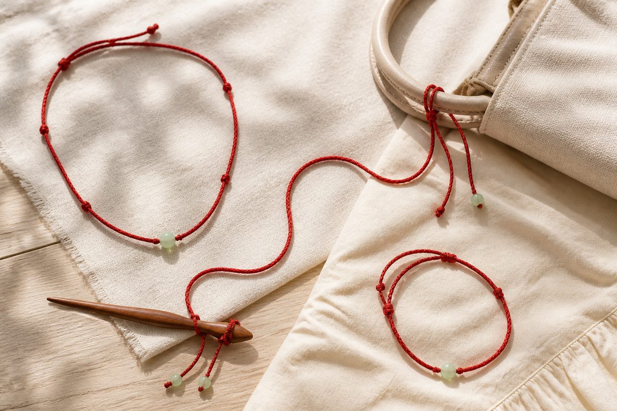 Long red string waist chain with jade bead arranged near linen, a bag handle, and a wooden hair pin