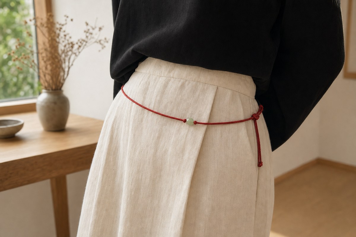 Red string waist chain worn over modest cream linen clothing as a subtle waist accent