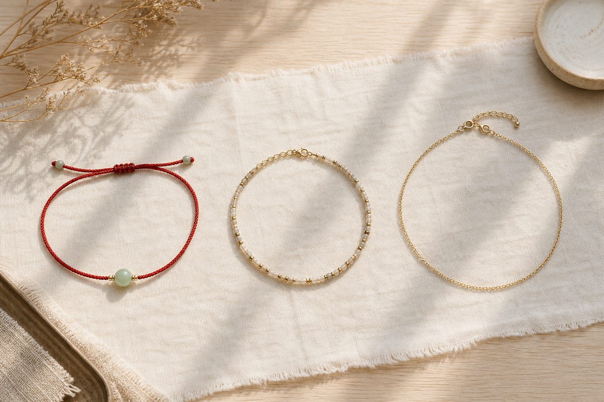 Red string waist chain, neutral waist beads, and a fine metal belly chain arranged separately on linen