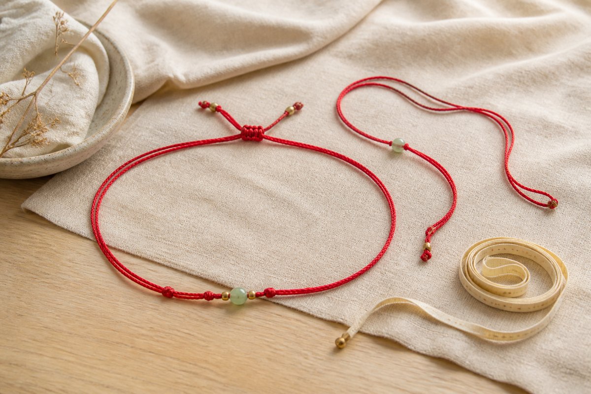 Adjustable red waist chain with extra cord length, sliding knot, jade bead, and cream measuring cord