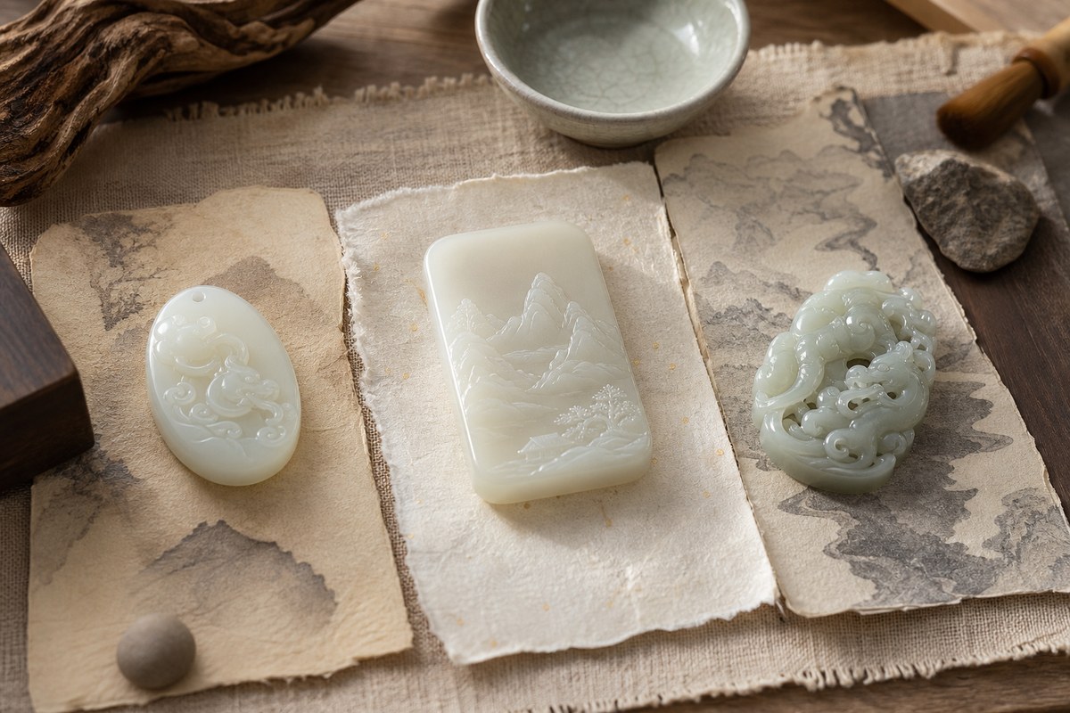Three Hetian jade pieces with different carving styles on layered blank parchment and wood