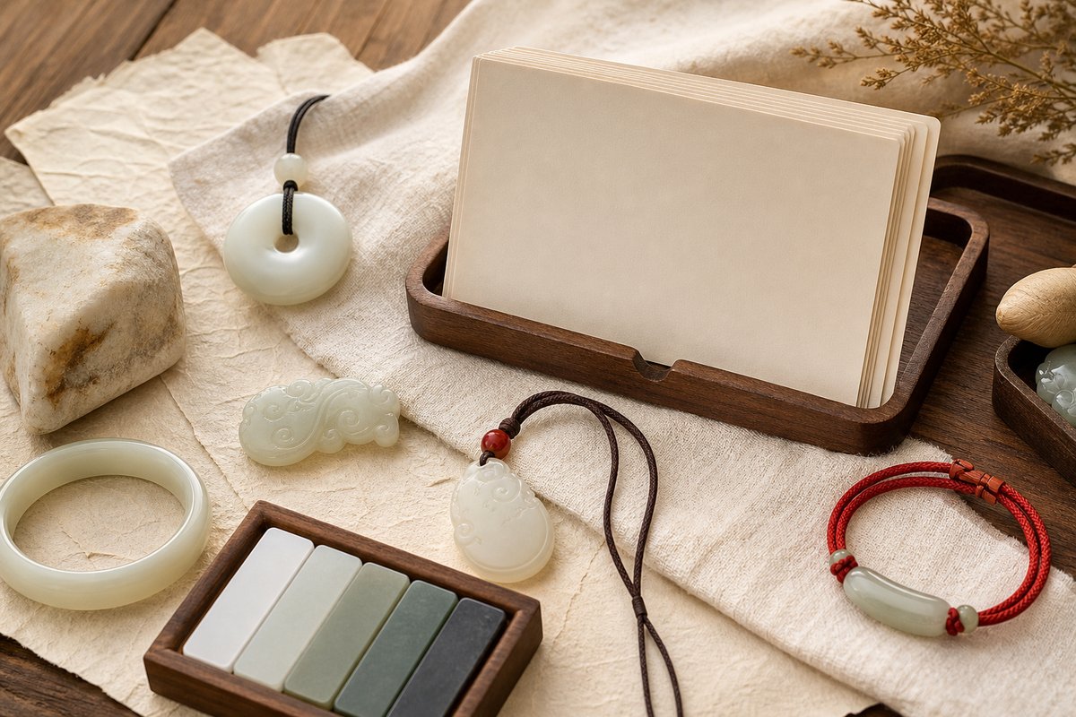 White jade pendant, ruyi carving, carving motif, raw stone, color swatches, and red cord bracelet on blank guide cards