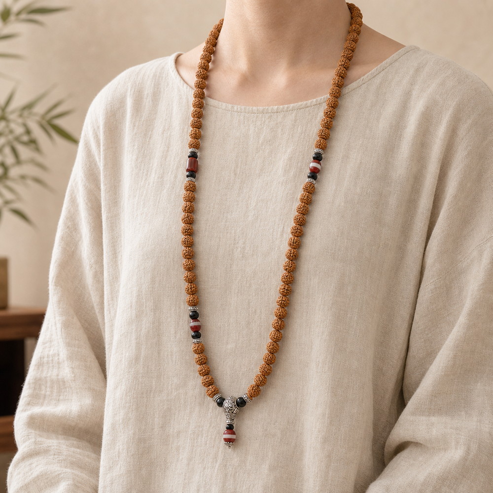 Rising Sun 108-Bead Bodhi Seed Mala, faceless long-necklace view from collarbone to waist