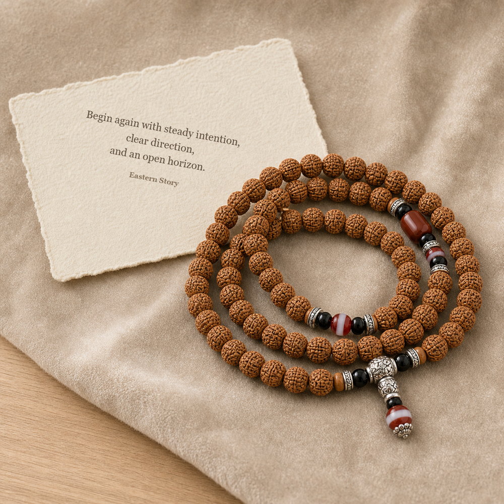 Rising Sun 108-Bead Bodhi Seed Mala, mala on premium textile with a meaning card