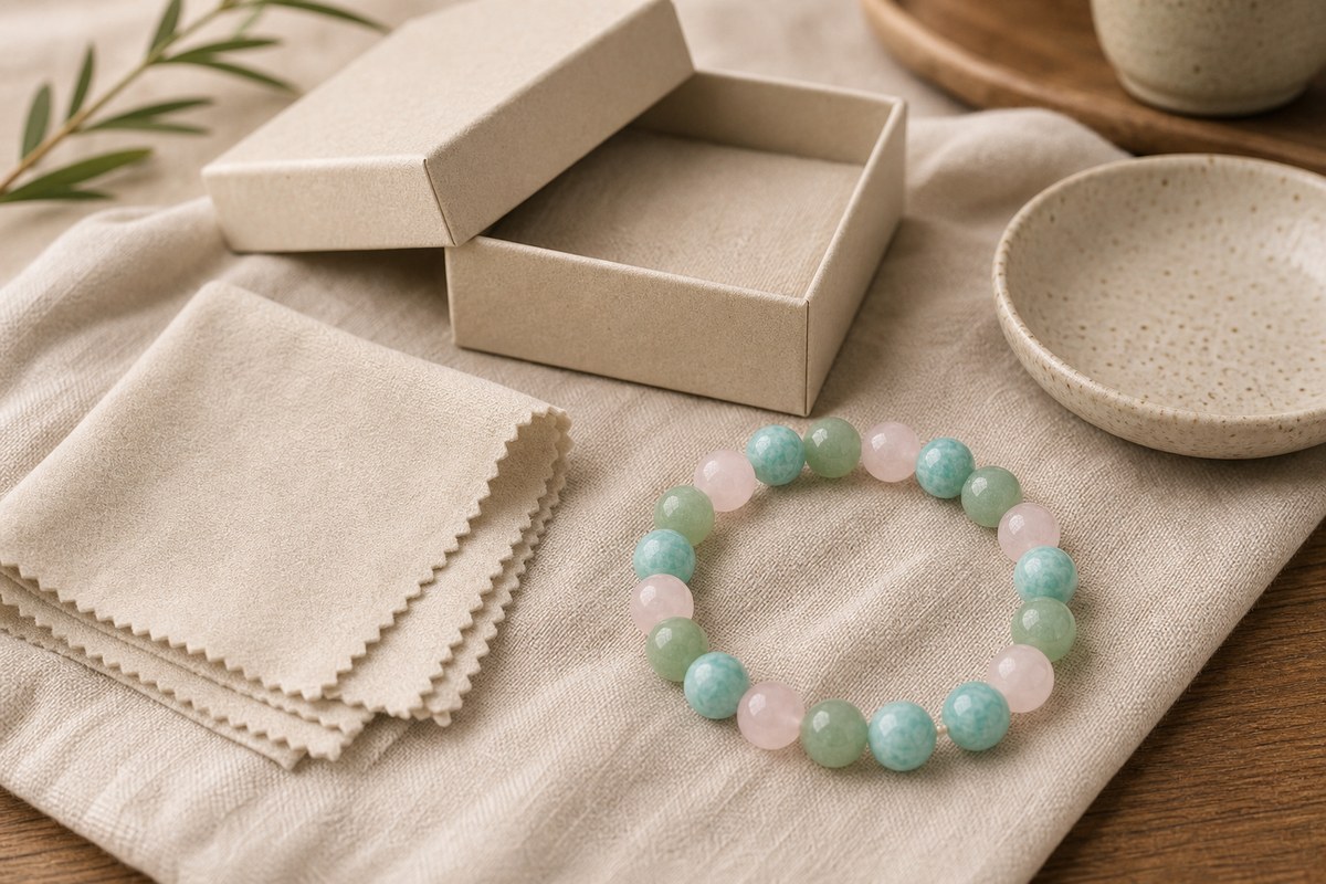 Three-stone crystal bracelet beside a soft cloth and neutral jewelry box on cream linen