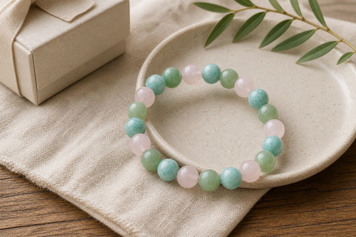 Rose quartz, amazonite, and green aventurine bracelet on linen with warm wood and ceramic props