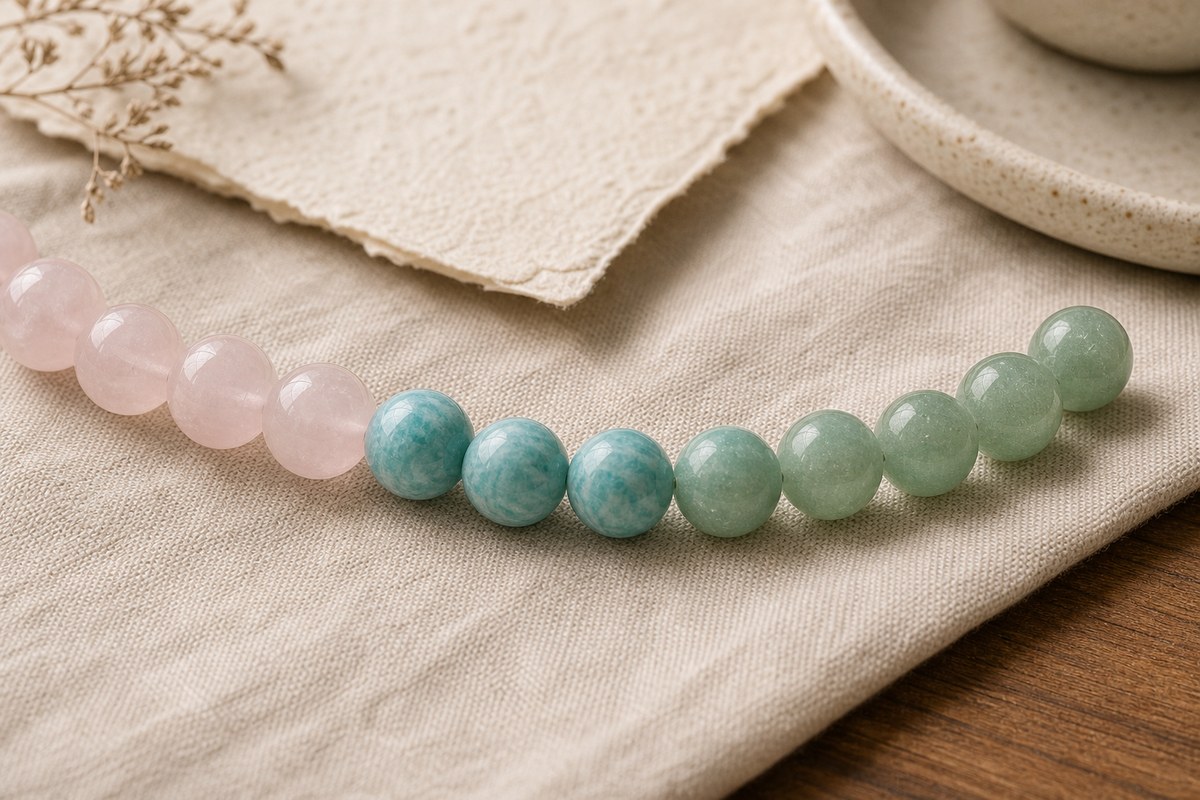 Rose quartz, amazonite, and green aventurine beads arranged in a soft color sequence on linen
