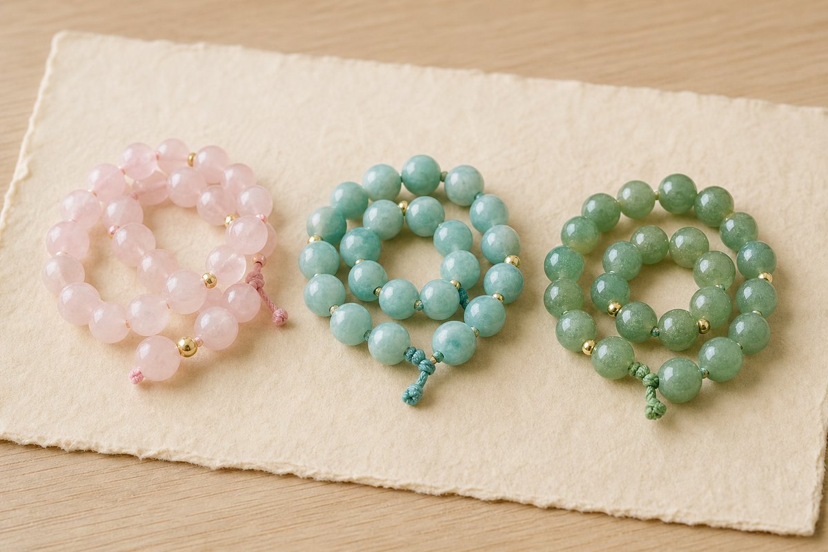 Rose quartz, amazonite, and green aventurine bead bracelets arranged in three distinct groups