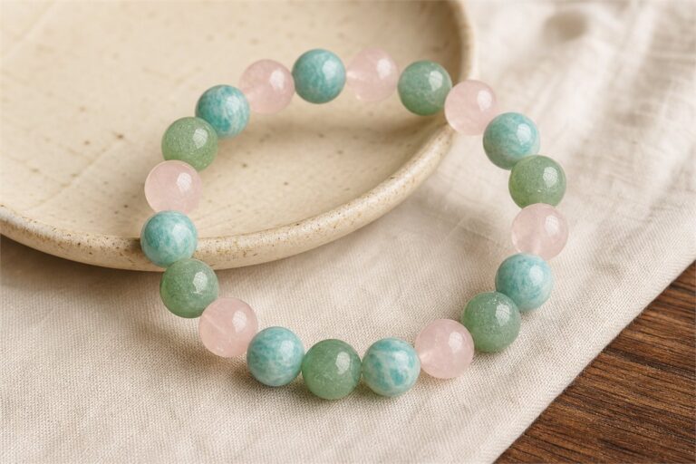 Rose quartz, amazonite, and green aventurine bracelet on soft natural fabric