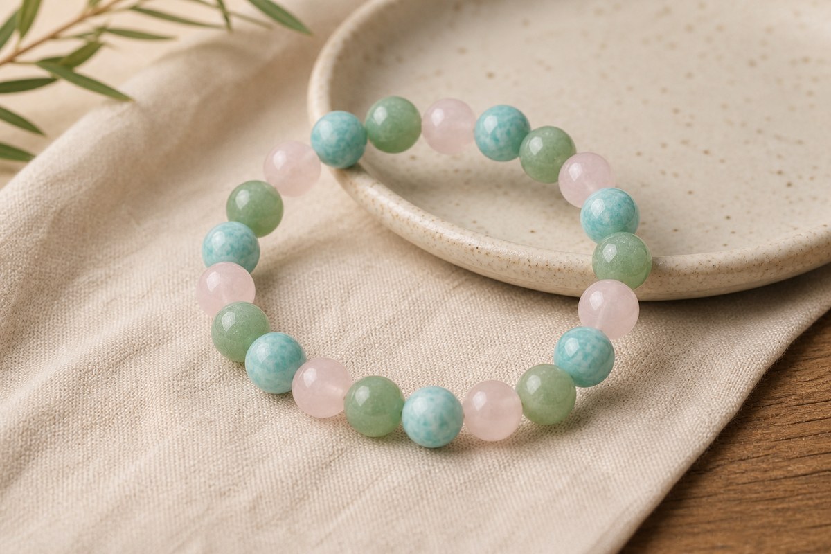 Rose quartz, amazonite, and green aventurine bracelet on cream linen with a ceramic dish