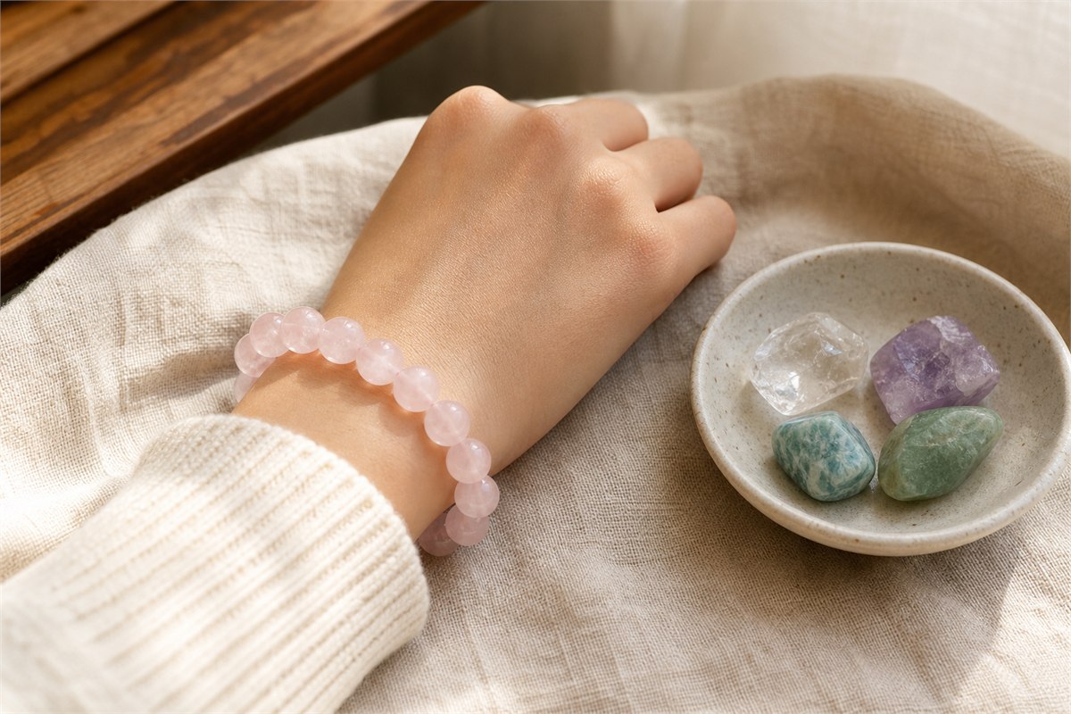 Rose quartz bracelet worn with cream knit sleeve near clear quartz, amethyst, amazonite, and green aventurine stones