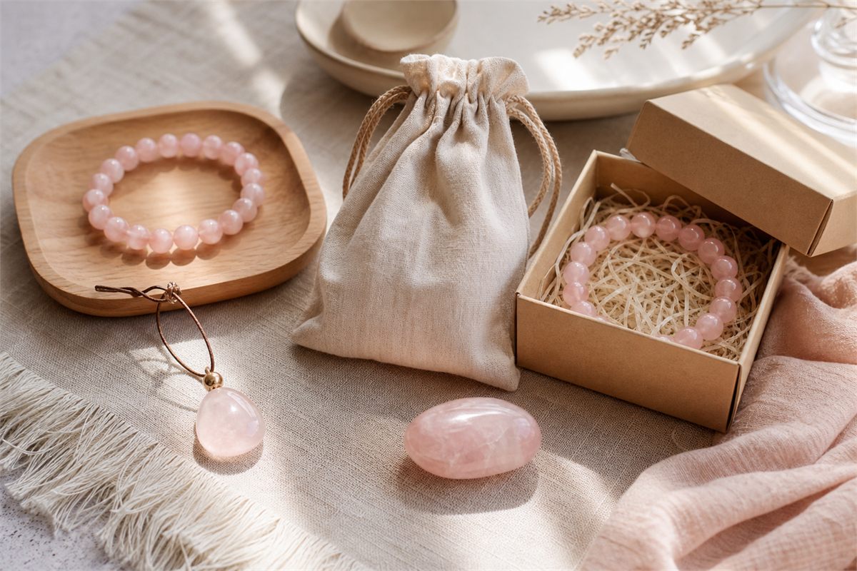 Rose quartz bracelet, pendant, tumbled stone, and gift pouch arranged for different buyer needs