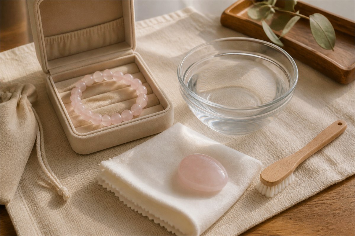 Rose quartz bracelet with soft cloth, jewelry box, pouch, mild water bowl, and soft brush for careful cleaning