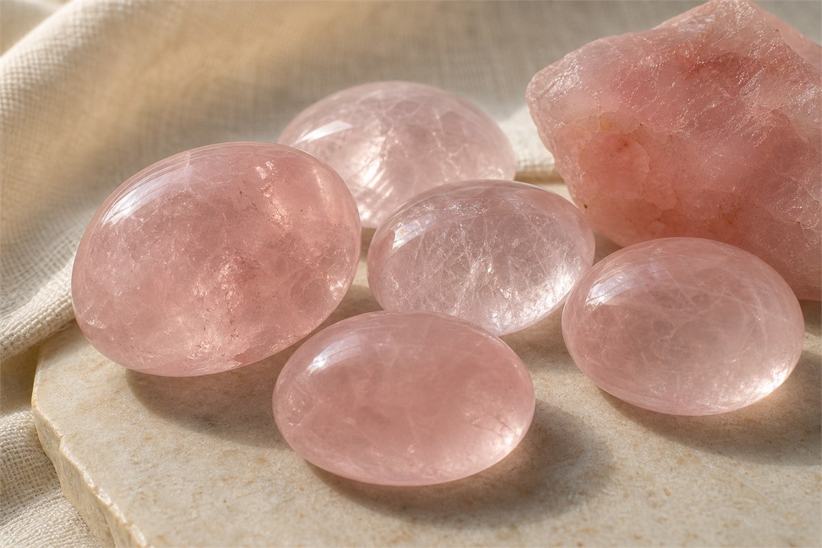 Rose quartz cabochons and rough edge showing soft pink color, cloudy transparency, and natural inclusions