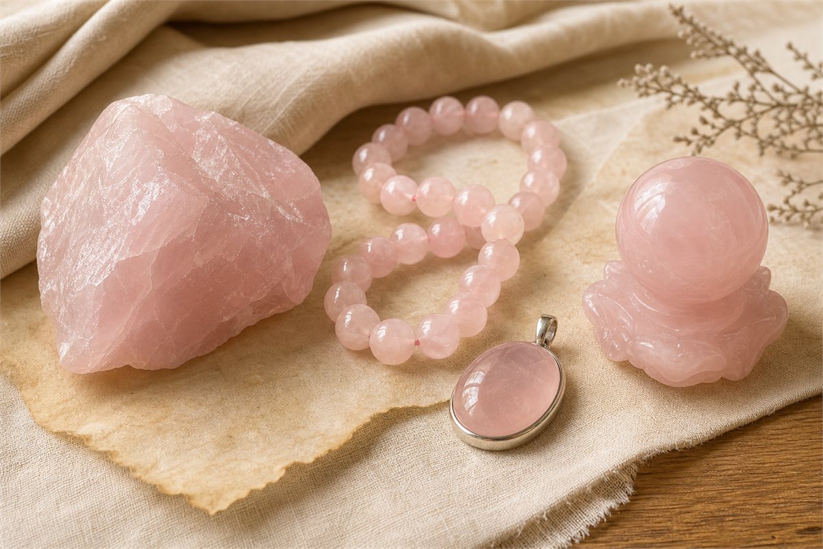 Rose quartz rough stone, bead strand, cabochon pendant, and small carved object showing different forms