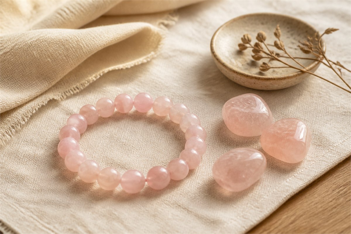Rose quartz bracelet and tumbled stones on ivory linen for symbolic love and self-care meaning