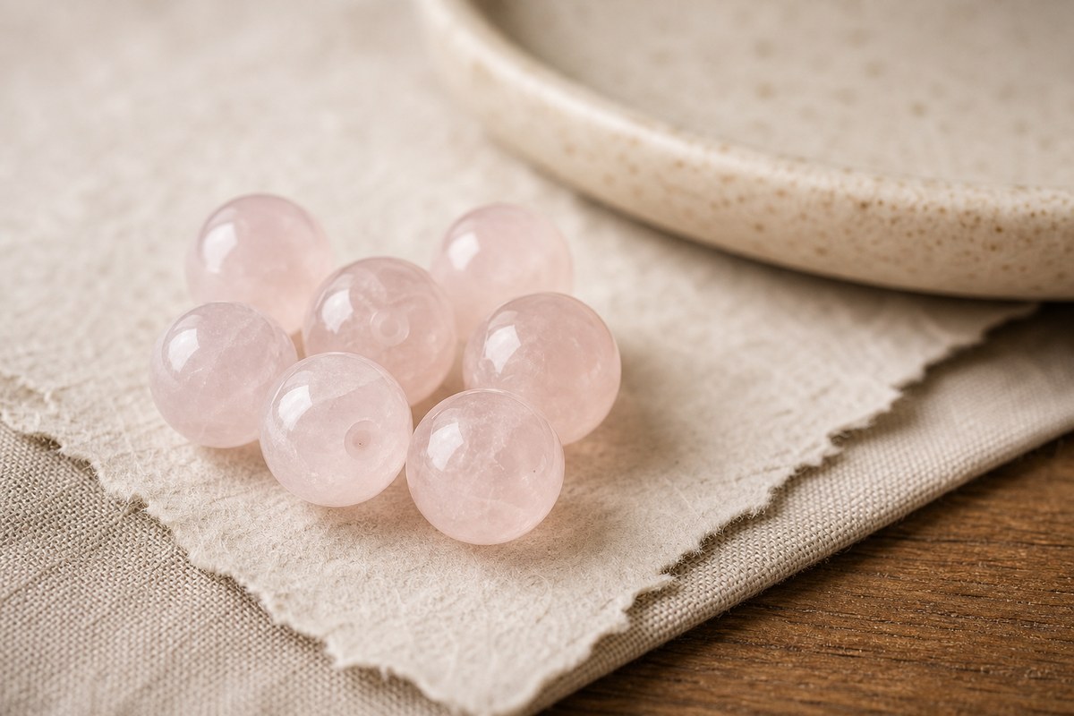 Pale pink rose quartz beads with cloudy translucent texture on cream linen