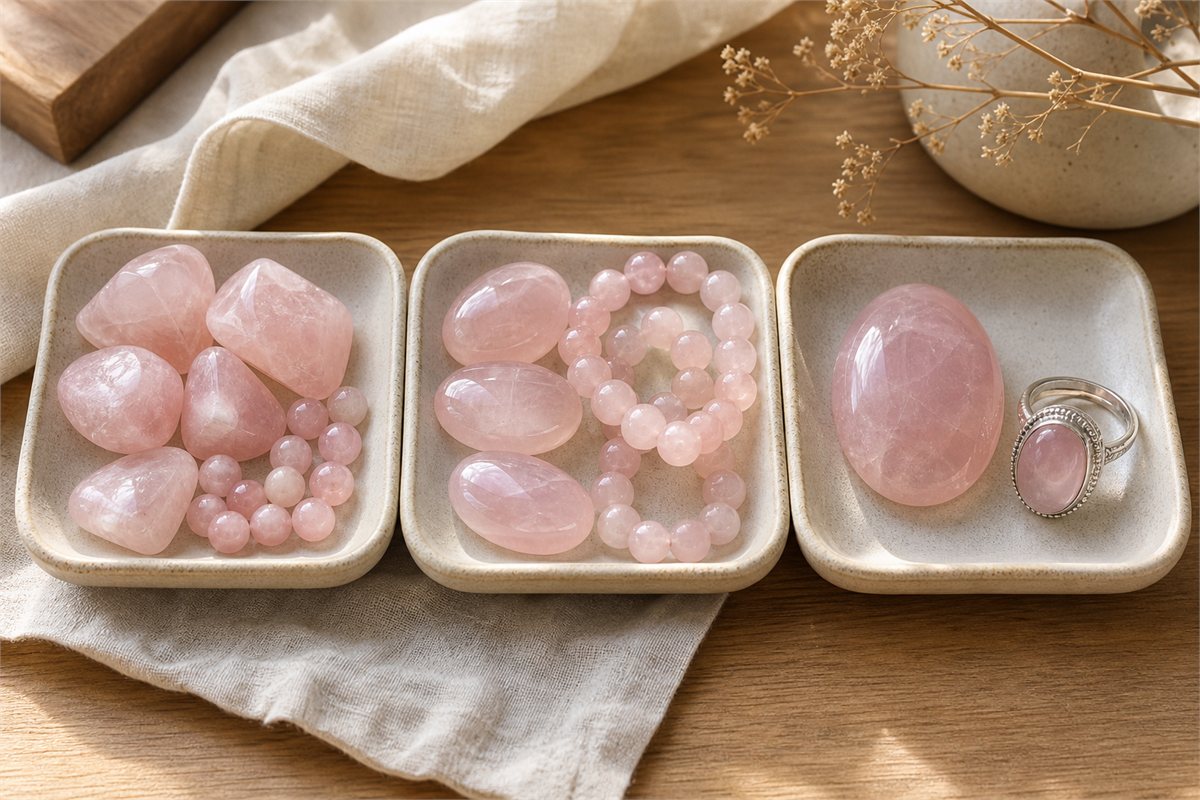 Rose quartz pieces arranged in simple tiers to illustrate how rose quartz price can vary by quality and form
