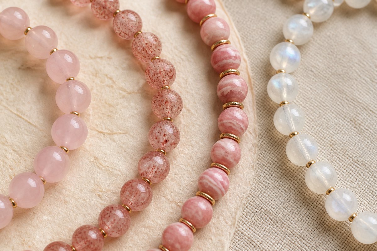Close comparison of rose quartz, strawberry quartz, rhodochrosite, and moonstone bead textures