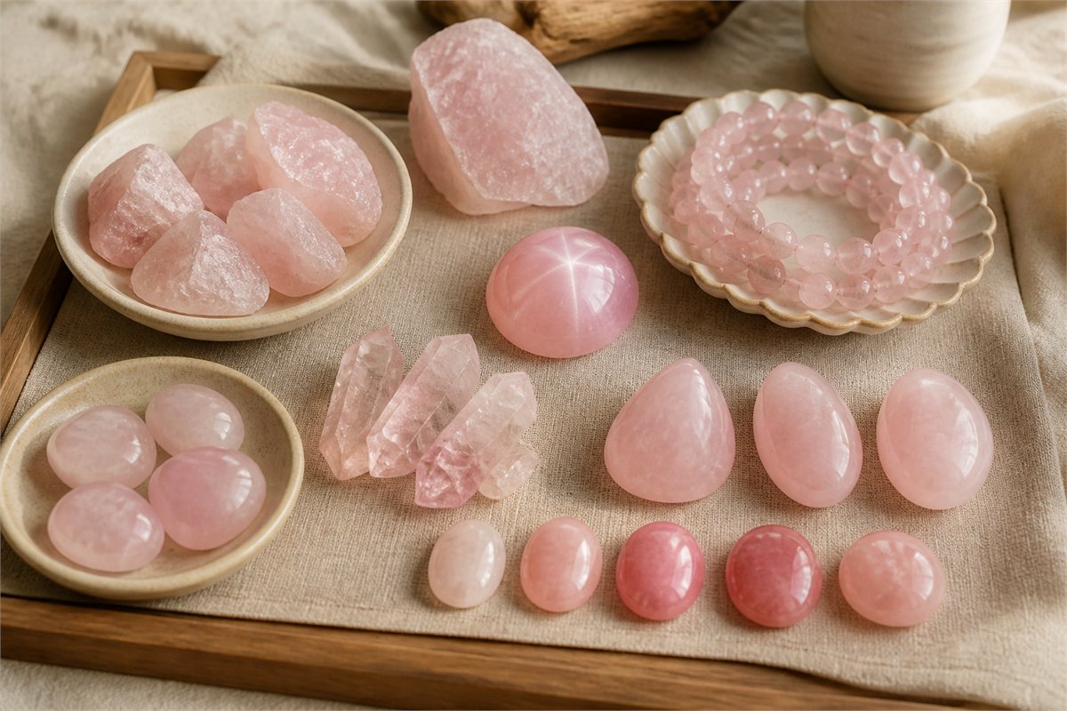 Different rose quartz stones and cabochons arranged to compare common, clearer, and star-like rose quartz types