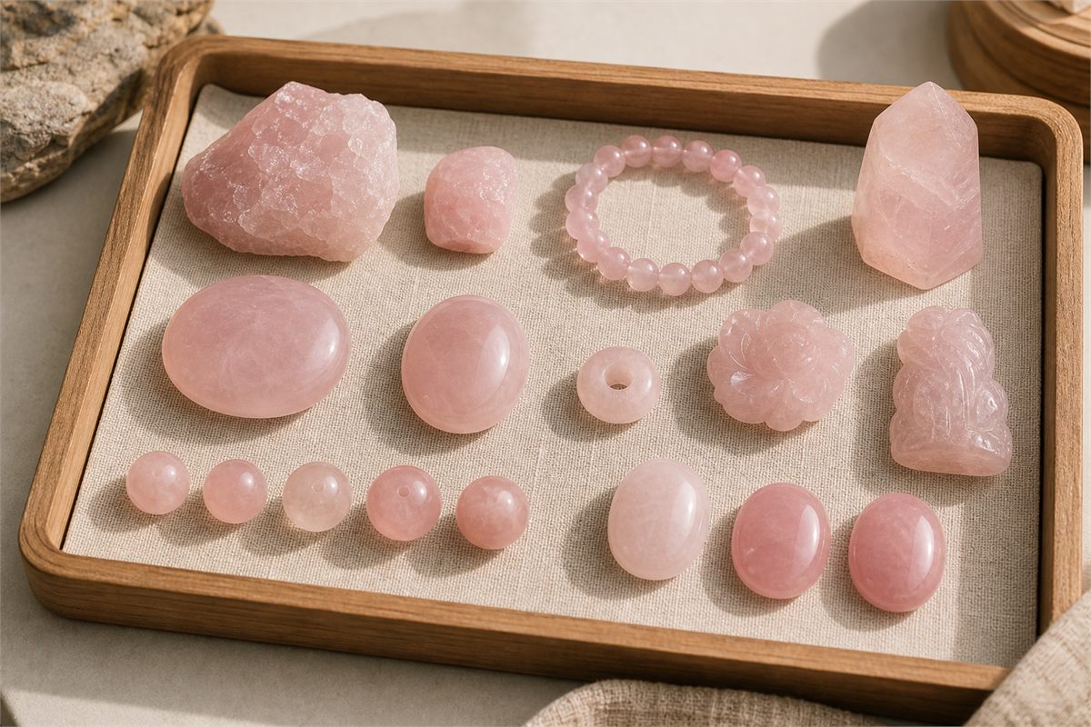 Rose quartz pieces in a tray showing differences in color, translucency, size, polish, and inclusions