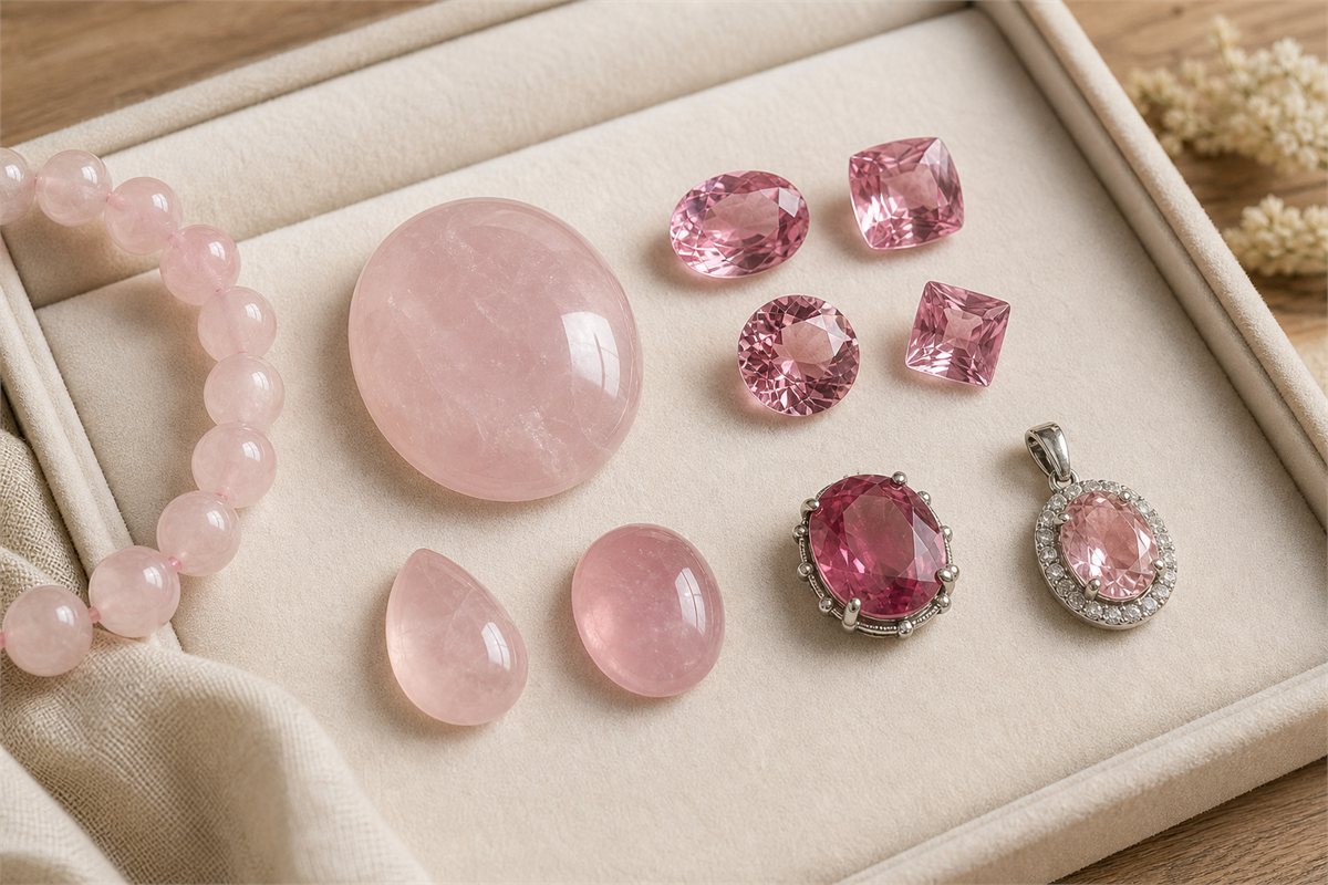 Rose quartz cabochon and beads beside generic pink faceted gemstones for price comparison context