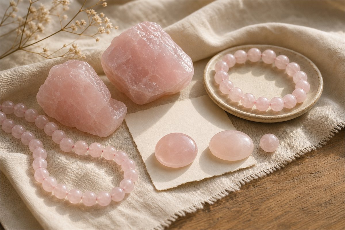 Rose quartz rough, beads, cabochons, and bracelet arranged to show what affects rose quartz worth