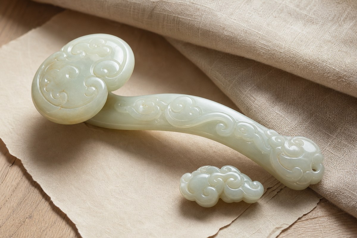 Ruyi-shaped jade pendant with lingzhi and cloud-inspired curves on warm parchment and linen