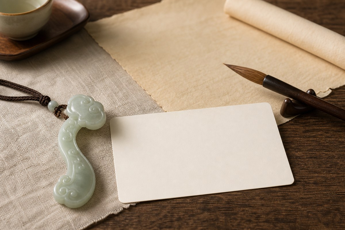 Jade Ruyi pendant beside a blank card, blank parchment, and calligraphy brush on warm wood