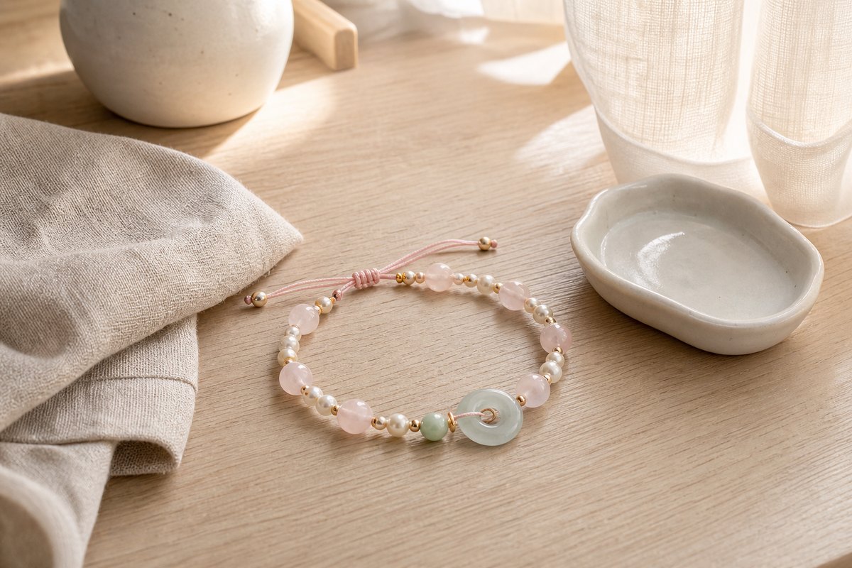 Rose quartz, pearl, and jade peace buckle bracelet on a soft morning vanity table