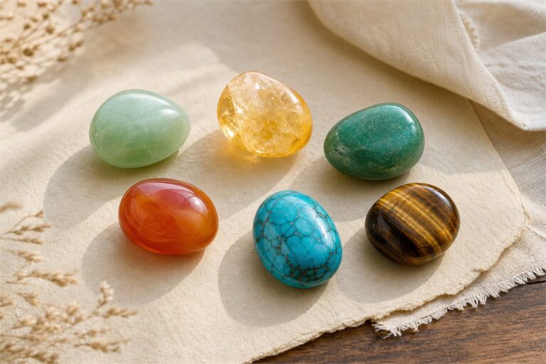 Six polished lucky gemstones including jade, citrine, aventurine, tiger's eye, turquoise, and carnelian