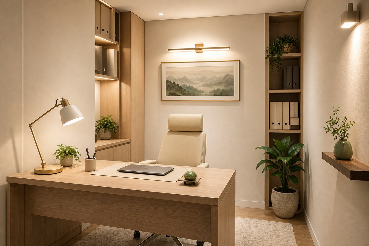 Compact office with pale wood desk, supportive chair, layered lamp light, vertical storage, small plant, and clean open desk front