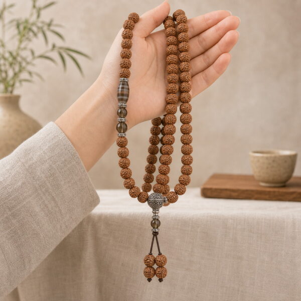 Steady Ascent 108-Bead Bodhi Seed Mala - Handheld Drape Steady Ascent 108-Bead Bodhi Seed Mala, mala draped naturally from one hand