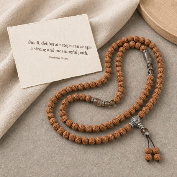 Steady Ascent 108-Bead Bodhi Seed Mala - Meaning Card Steady Ascent 108-Bead Bodhi Seed Mala, mala on premium textile with a meaning card