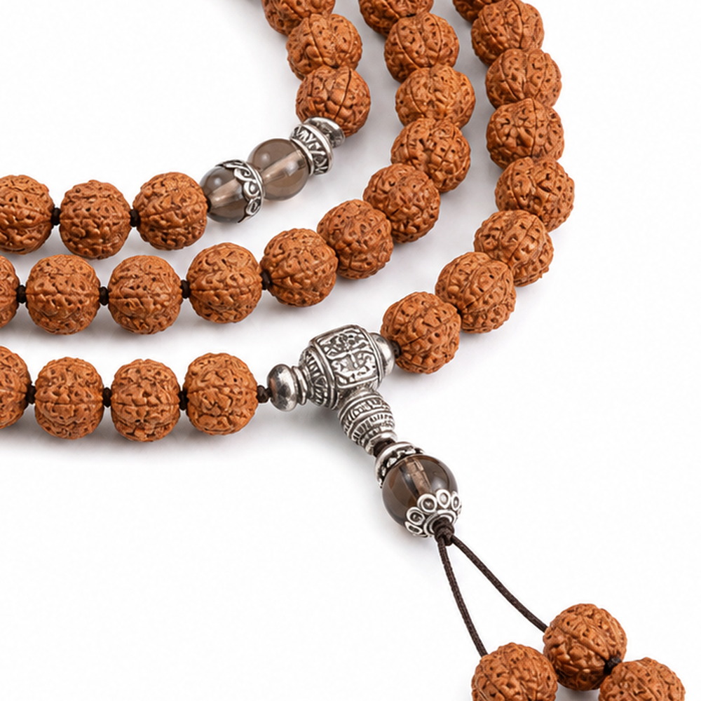 Steady Ascent 108-Bead Bodhi Seed Mala, close detail of seed texture, accent beads, connector, and drop