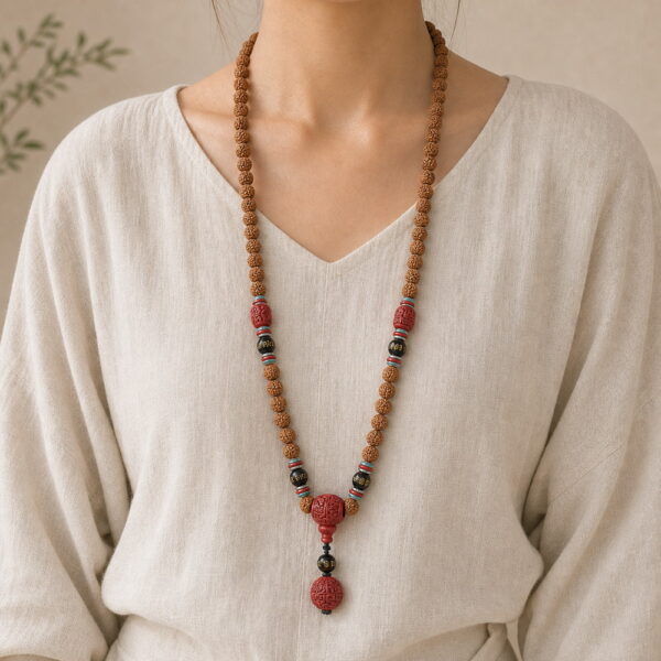 Steady Flow 108-Bead Bodhi Seed Mala - Long Necklace Steady Flow 108-Bead Bodhi Seed Mala, faceless long-necklace view from collarbone to waist
