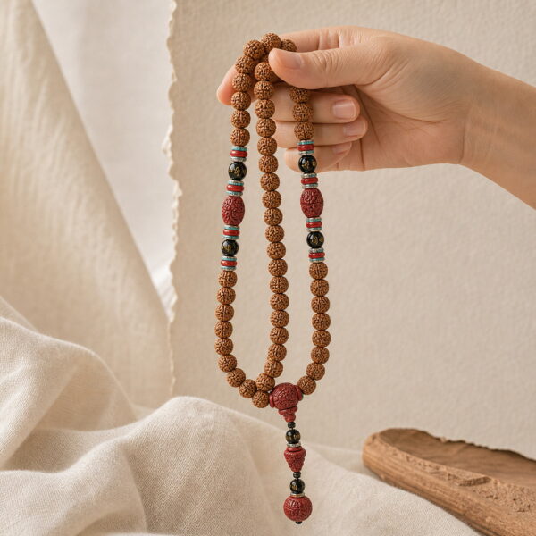 Steady Flow 108-Bead Bodhi Seed Mala - Handheld Drape Steady Flow 108-Bead Bodhi Seed Mala, mala draped naturally from one hand