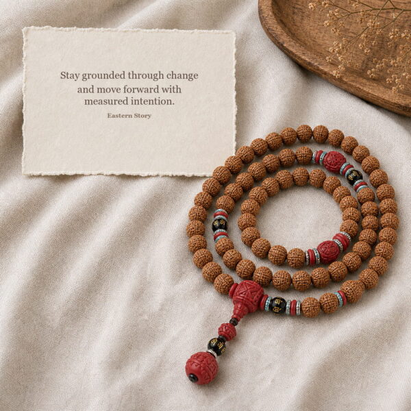 Steady Flow 108-Bead Bodhi Seed Mala - Meaning Card Steady Flow 108-Bead Bodhi Seed Mala, mala on premium textile with a meaning card