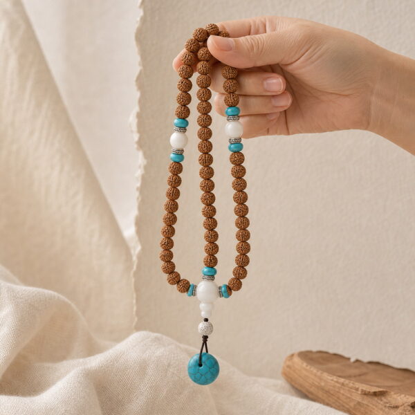Still Waters 108-Bead Bodhi Seed Mala - Handheld Drape Still Waters 108-Bead Bodhi Seed Mala, mala draped naturally from one hand
