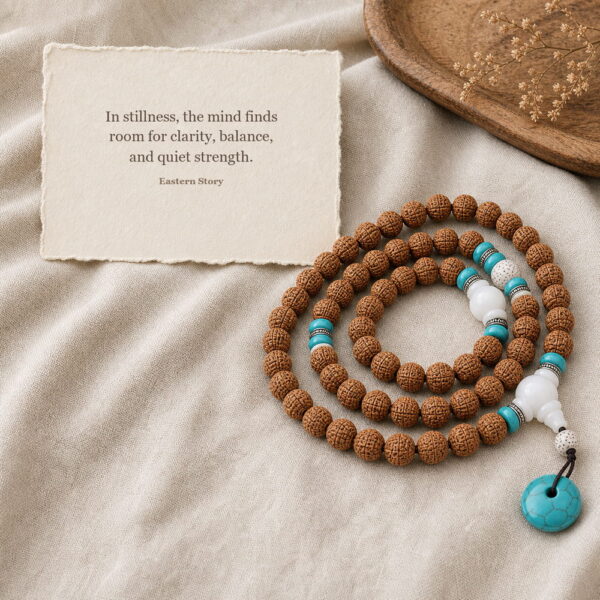 Still Waters 108-Bead Bodhi Seed Mala - Meaning Card Still Waters 108-Bead Bodhi Seed Mala, mala on premium textile with a meaning card