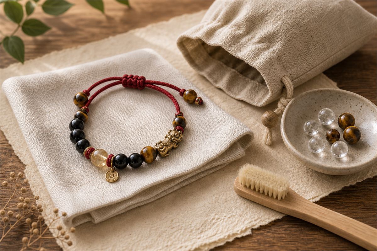 Gemstone strength bracelet with soft cloth, storage pouch, dry care tools, and separated stones