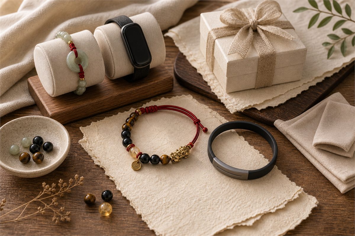 Research table with strength bracelet materials, power band, wrist examples, gift box, and care cloth