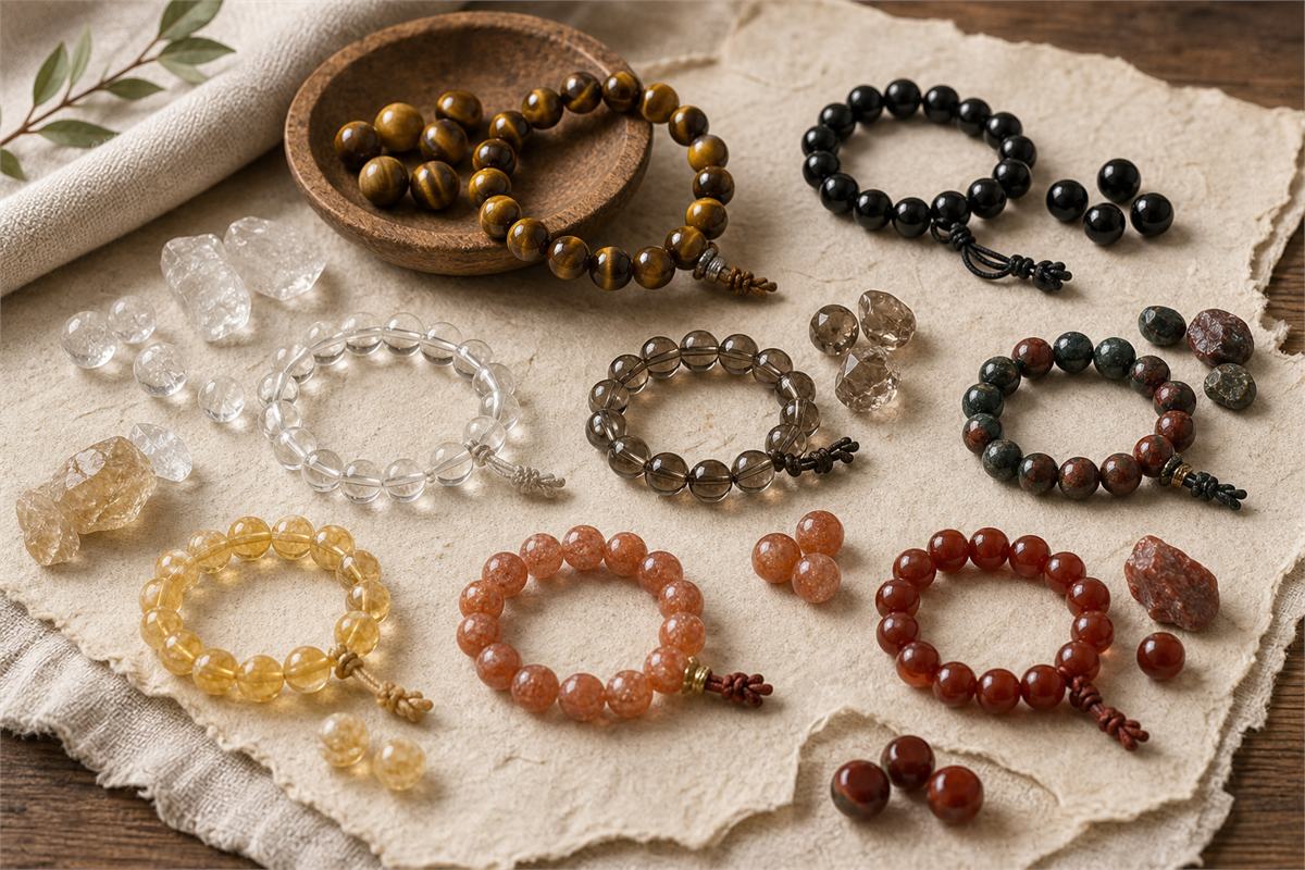 Tiger eye, black obsidian, clear quartz, smoky quartz, citrine, sunstone, bloodstone, garnet, and red agate beads