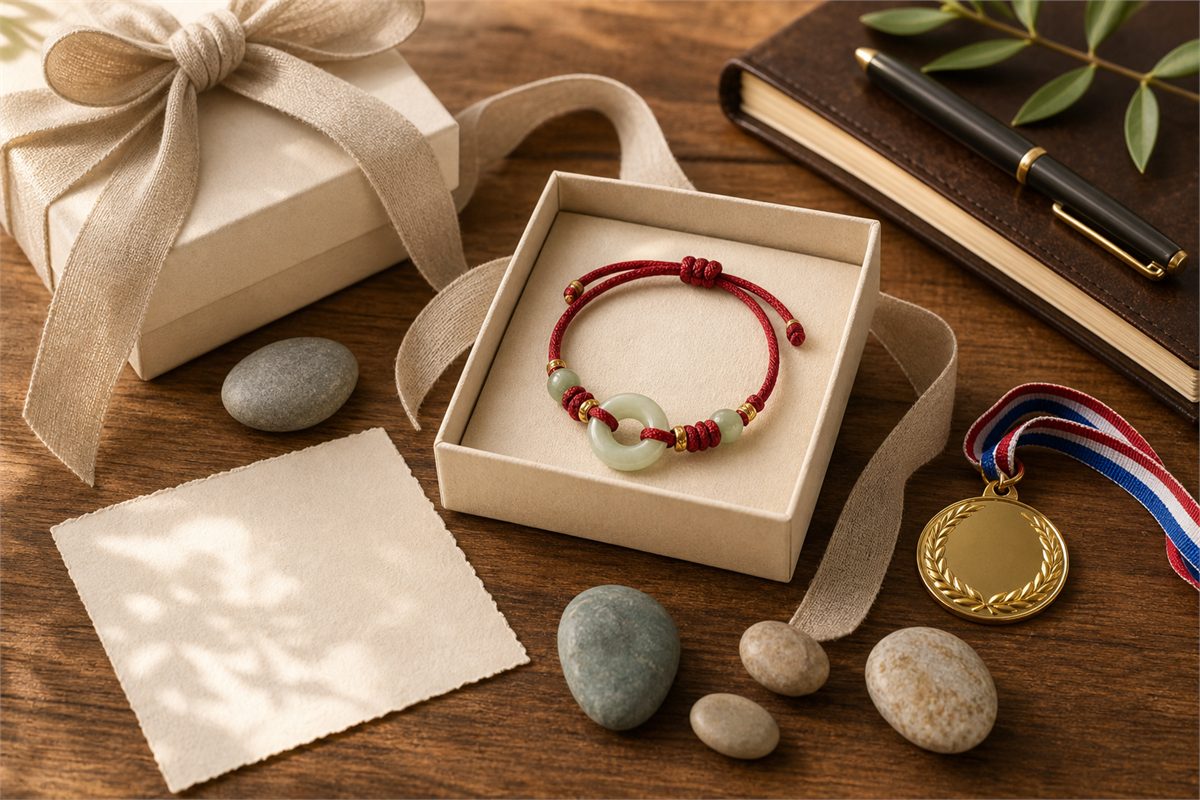 Strength bracelet in a gift box with blank card, graduation ribbon, work notebook, and competition token