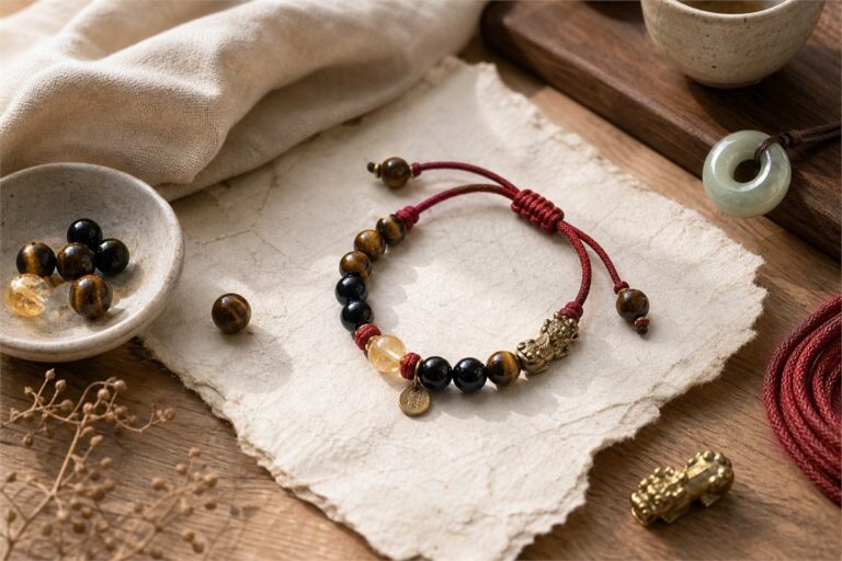 Strength bracelet with tiger eye, black obsidian, citrine, red cord, and metal charms arranged on handmade paper